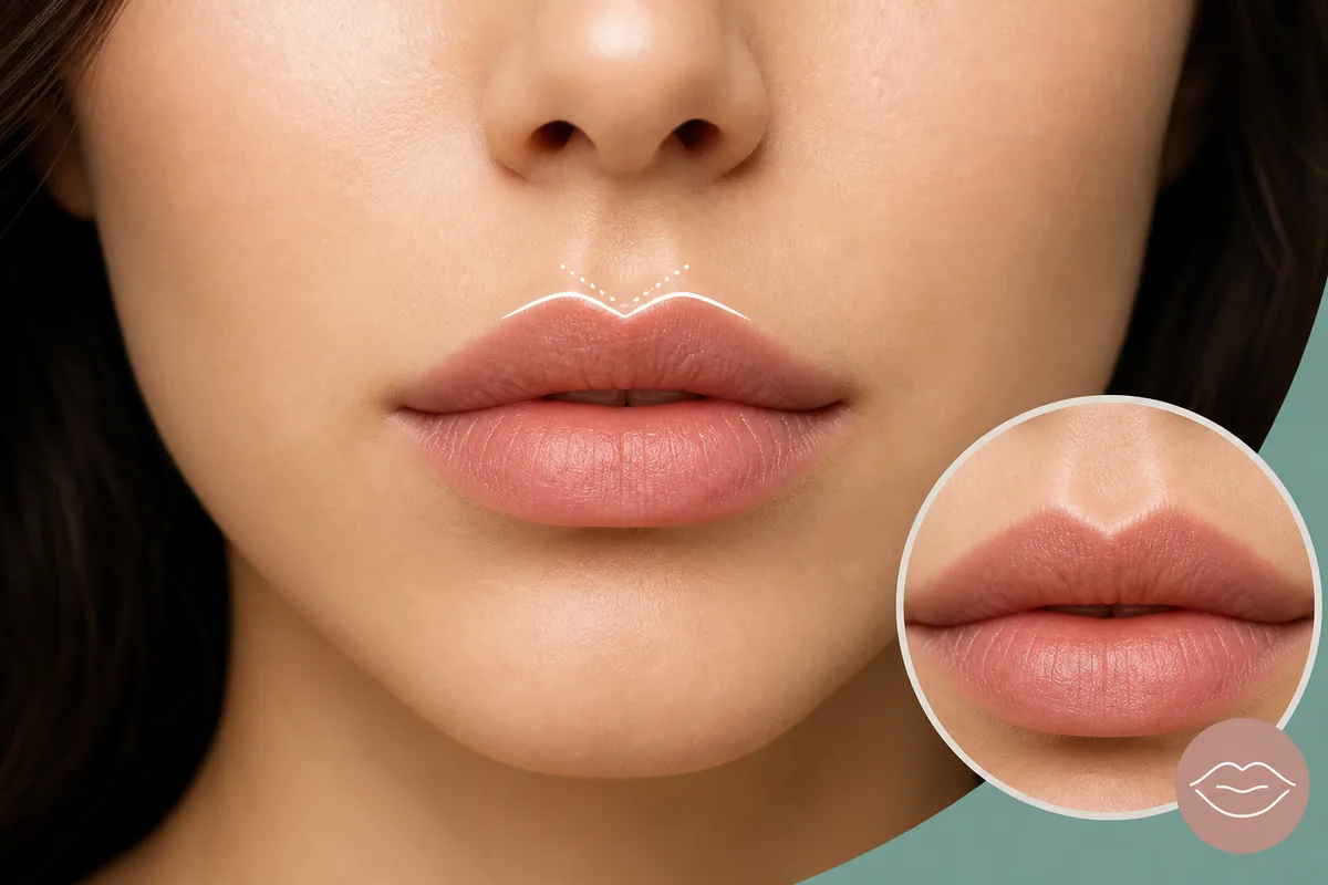 Cupid bow lips guide showing a defined upper-lip bow and natural lip outline