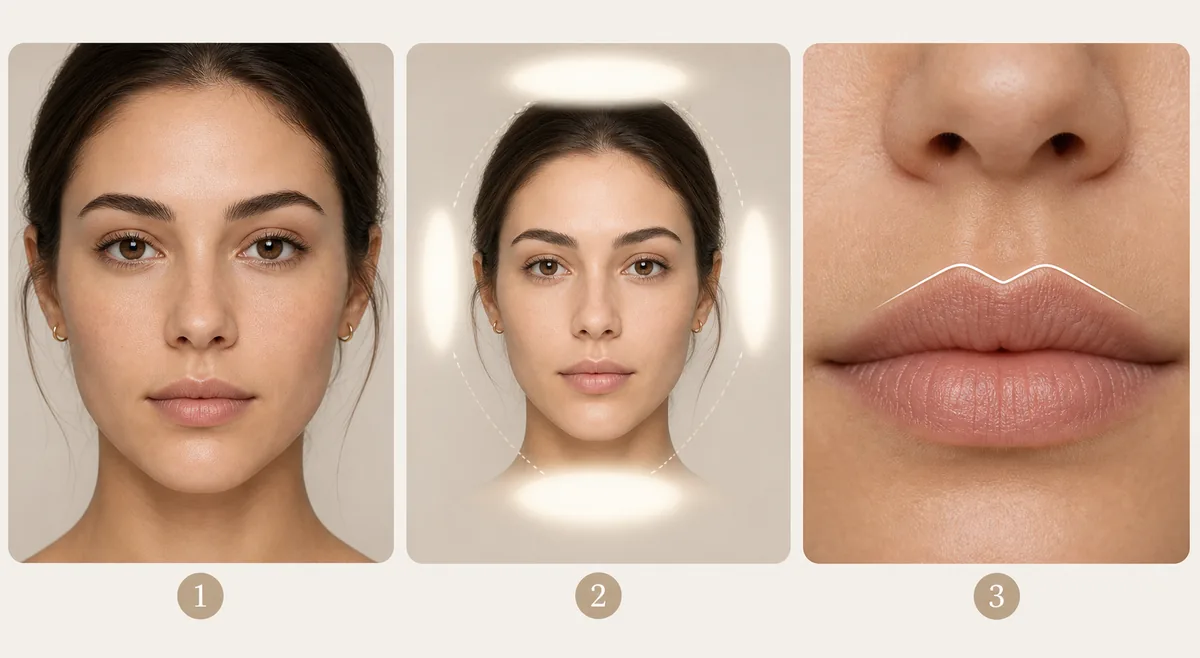 Photo check guide for identifying cupid bow lips with relaxed front-facing lighting