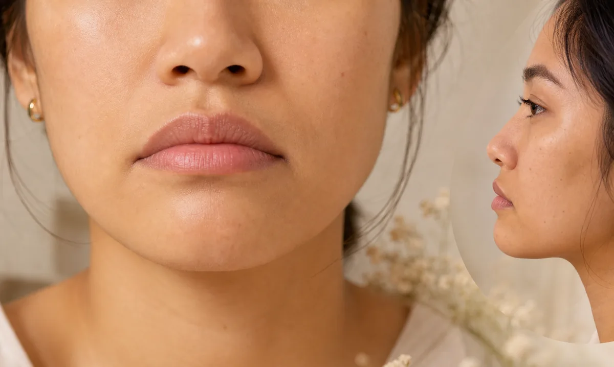 front and side views showing gently downturned lips at rest