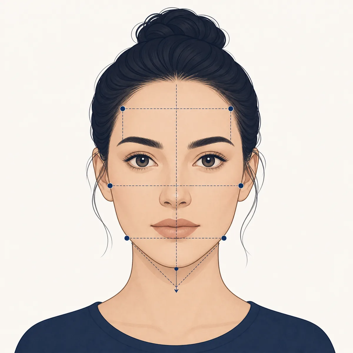 Illustrated front-facing portrait with guides for measuring face length, forehead, cheekbones, jaw, and chin