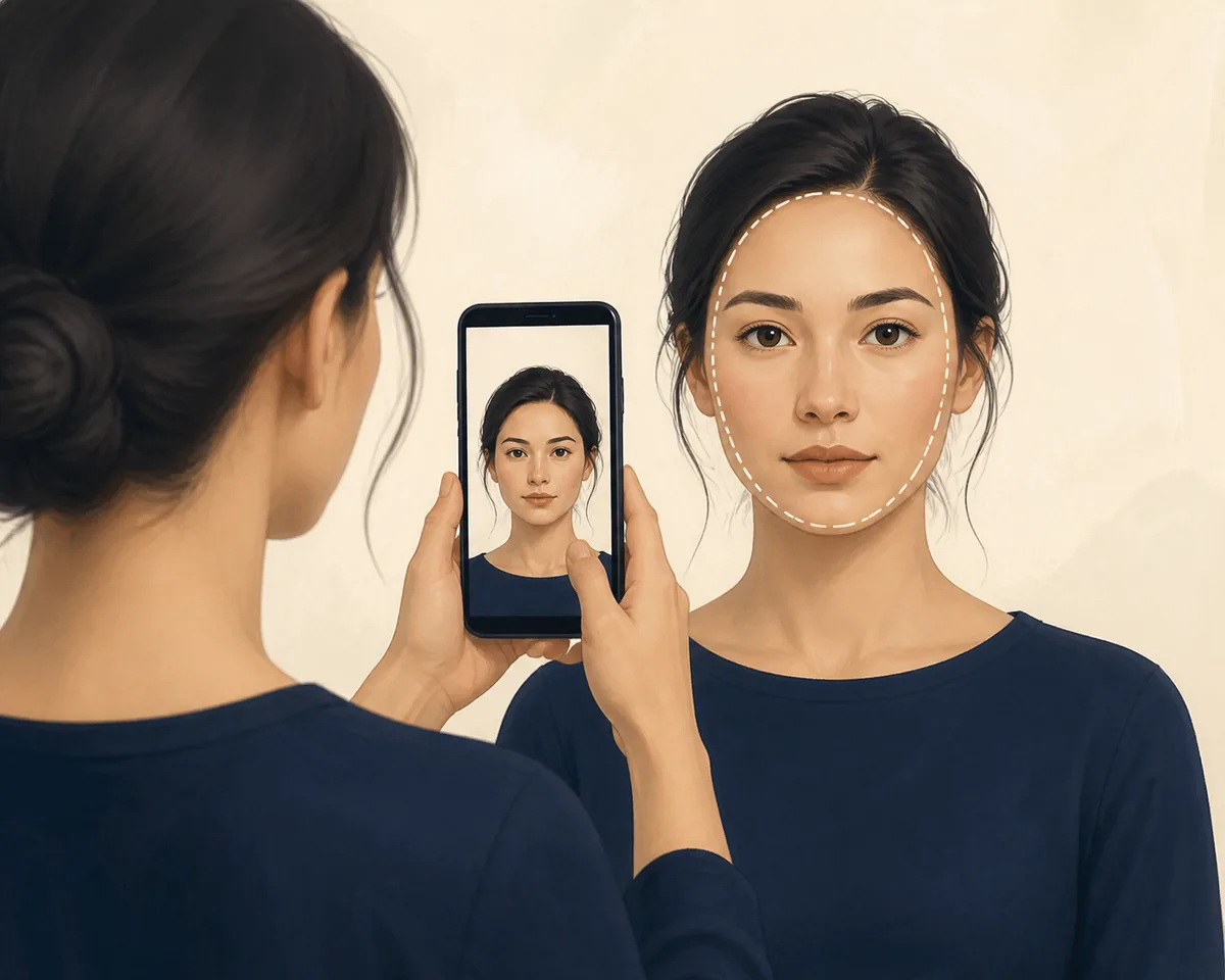 Editorial illustration of a straight-on face-shape photo taken at eye level with hair away from the outline