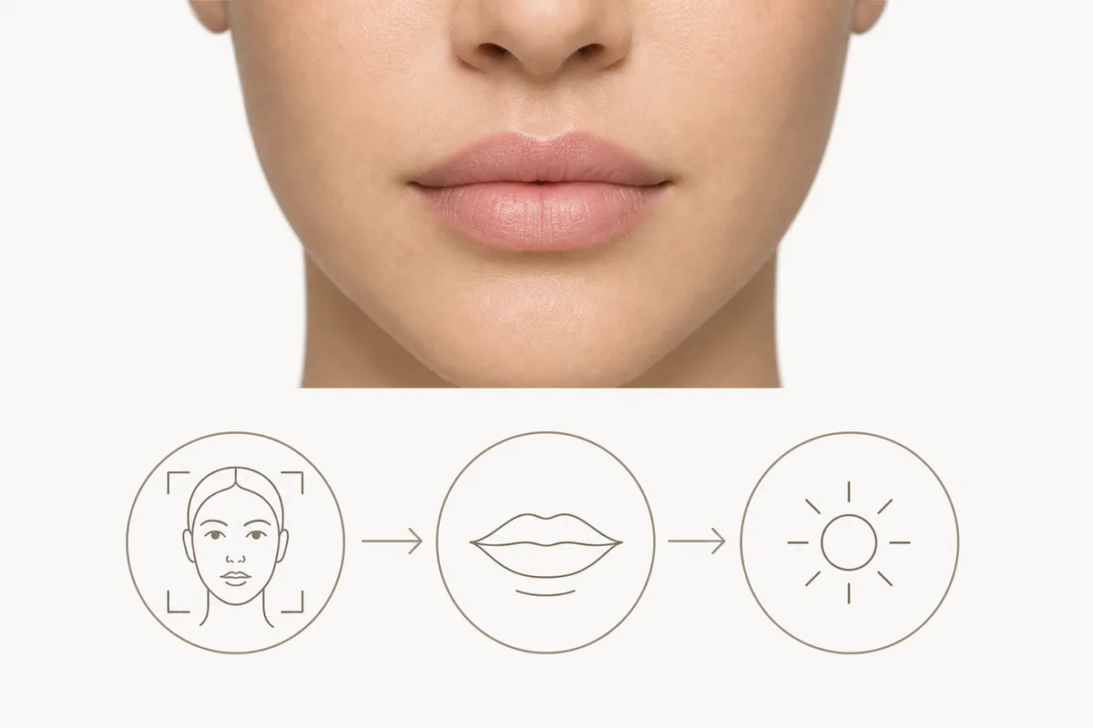 Full lips photo tips showing relaxed expression, soft front light, and minimal gloss