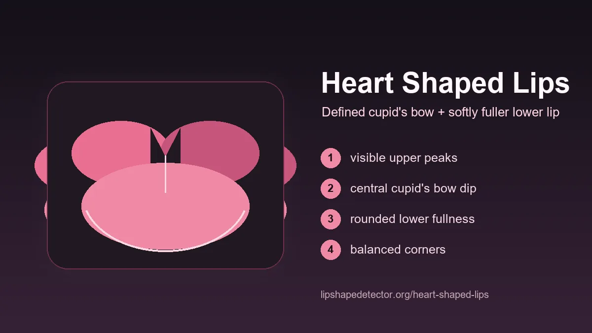 Heart shaped lips guide showing cupid's bow, fuller lower lip, and comparison notes