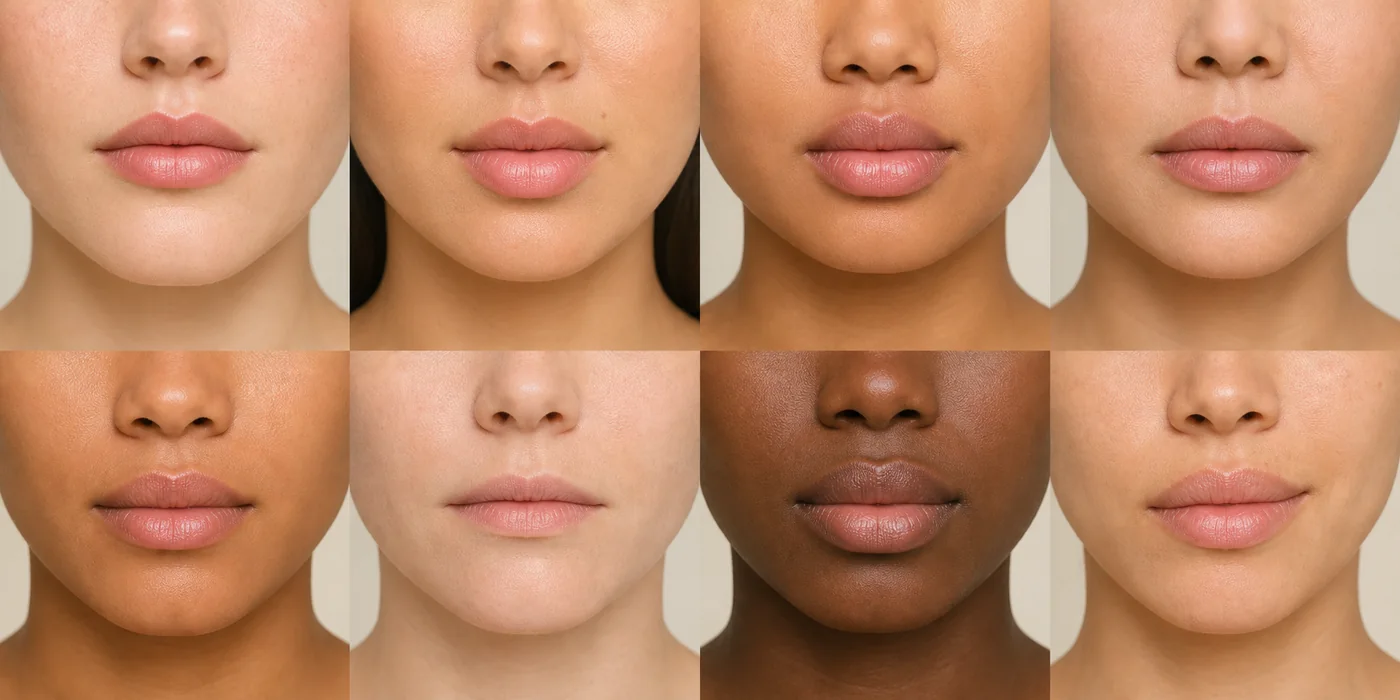 Lip shape chart with eight natural lip silhouettes shown from the front