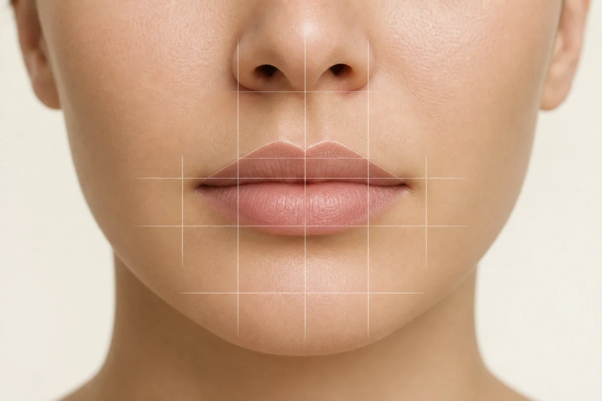 Front view of natural lips with subtle proportion guide lines