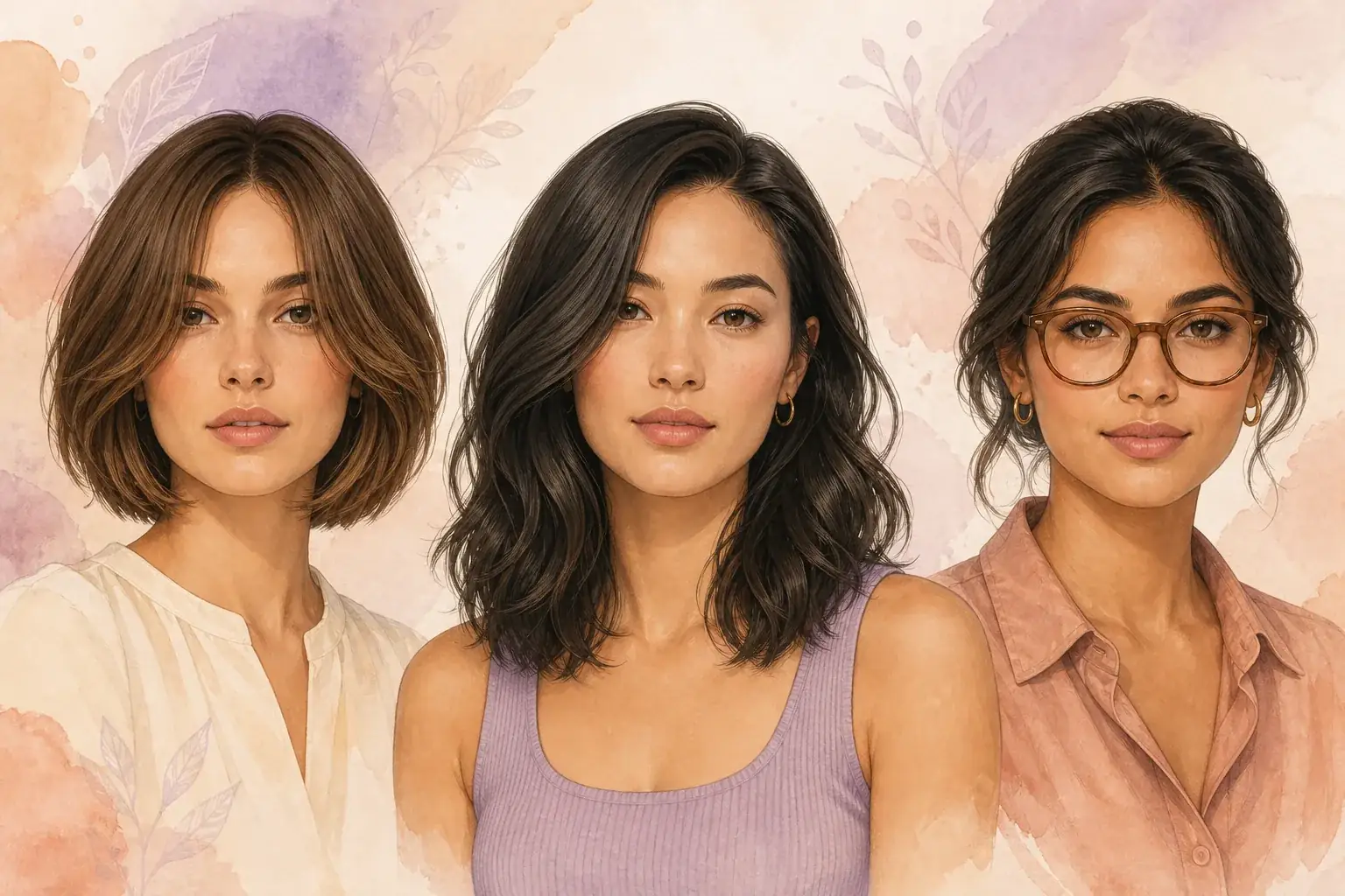 Editorial styling examples with balanced hair volume and glasses for an oblong face shape