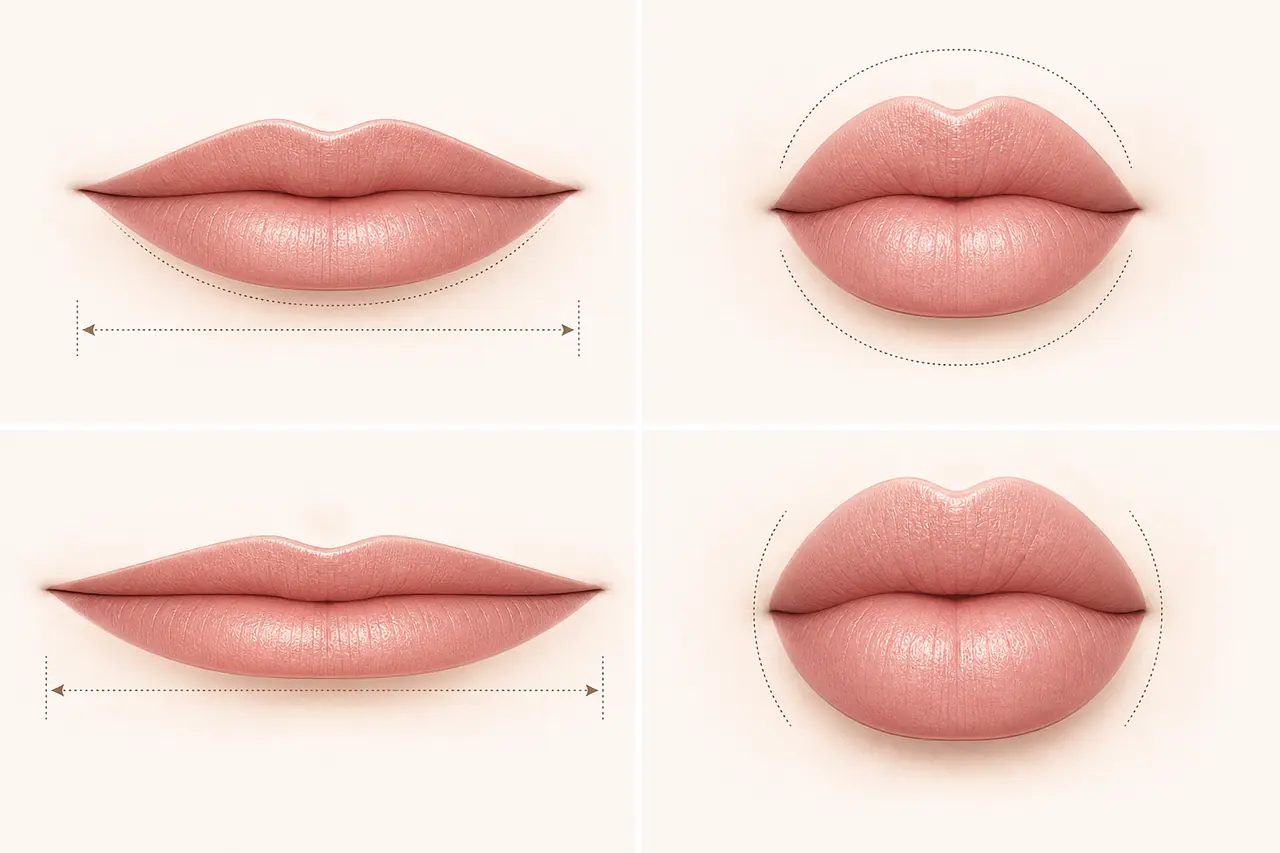 Oval lips comparison showing smooth elongated lip shape next to round, wide, full, and heart shaped lips