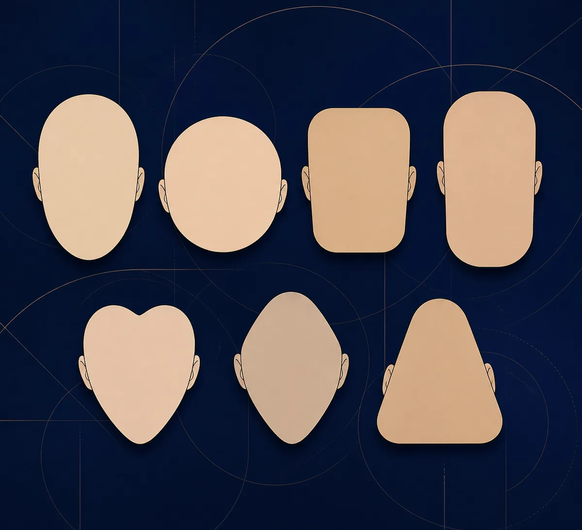 Editorial illustration showing seven common types of face shapes