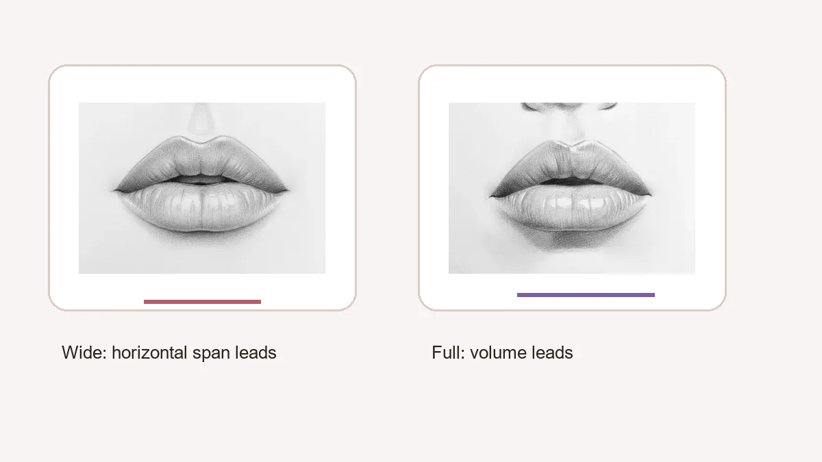 Wide lips guide showing a broad corner-to-corner lip shape with balanced natural proportions