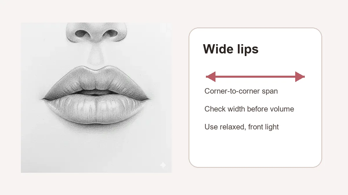 Wide lips guide showing a broad corner-to-corner lip shape with balanced natural proportions