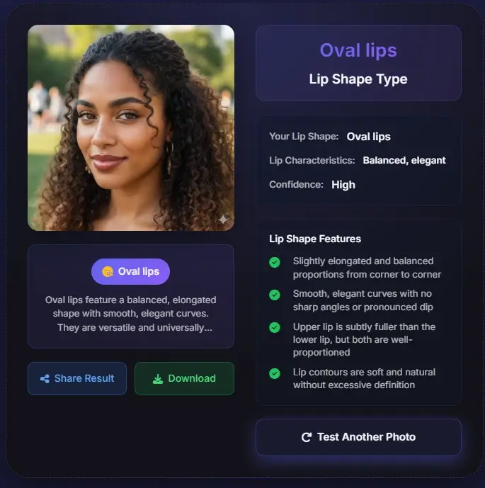 Oval lips detection - curly hair woman with elegant elongated lips